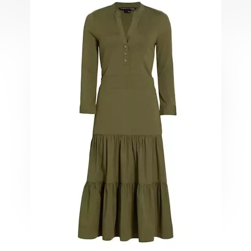 Veronica Beard Olive Tiered Maxi Dress with Button V-Neck